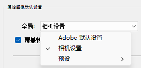 将 RAW 全局默认值改为“相机设置”